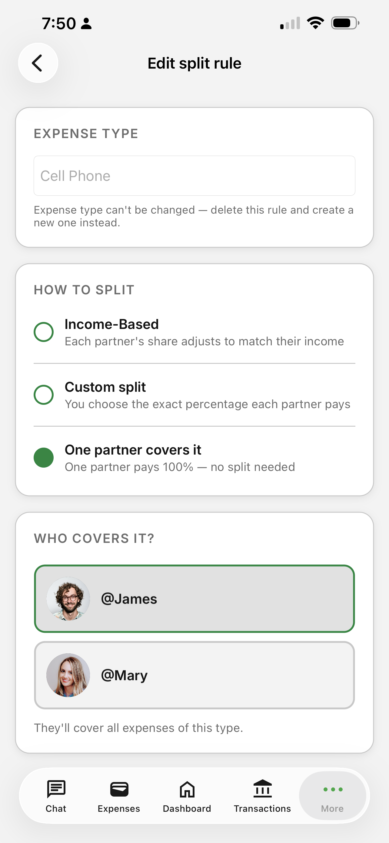 Custom category-based fairness rules for shared expenses